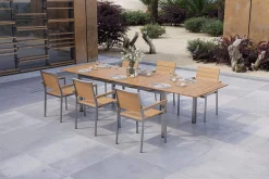 OUTFLEXX Falun Garten-Essgruppe mit 6 Sesseln, braun, Edelstahl/Teakholz, 200 x 100 cm ausziehbar, stapelbar, FSC®-zertifiziertes Produkt