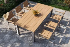 OUTFLEXX Falun Garten-Essgruppe mit 6 Sesseln, braun/silber, Teakholz/Edelstahl, 220/340 x 100 cm, ausziehbar, stapelbar, FSC®-zertifiziertes Produkt