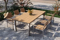 OUTFLEXX Falun Garten-Essgruppe mit 6 Sesseln, braun/silber, Teakholz/Edelstahl, 220/340 x 100 cm, ausziehbar, stapelbar, FSC®-zertifiziertes Produkt
