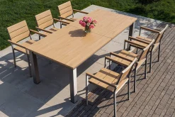OUTFLEXX Falun Garten-Essgruppe mit 6 Sesseln, braun/silber, Teakholz/Edelstahl, 220/340 x 100 cm, ausziehbar, stapelbar, FSC®-zertifiziertes Produkt