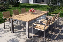 OUTFLEXX Falun Garten-Essgruppe mit 6 Sesseln, braun/silber, Teakholz/Edelstahl, 220/340 x 100 cm, ausziehbar, stapelbar, FSC®-zertifiziertes Produkt