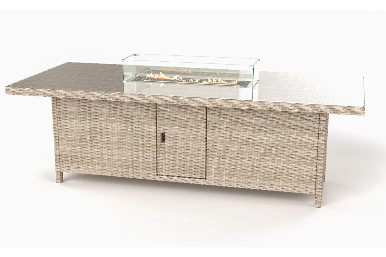 OUTFLEXX Feuertisch, beige meliert, Aluminium/Polyrattan/Glas, 200 x 100 cm, hitzebeständig, inklusive Schutzglas der Feuerstelle