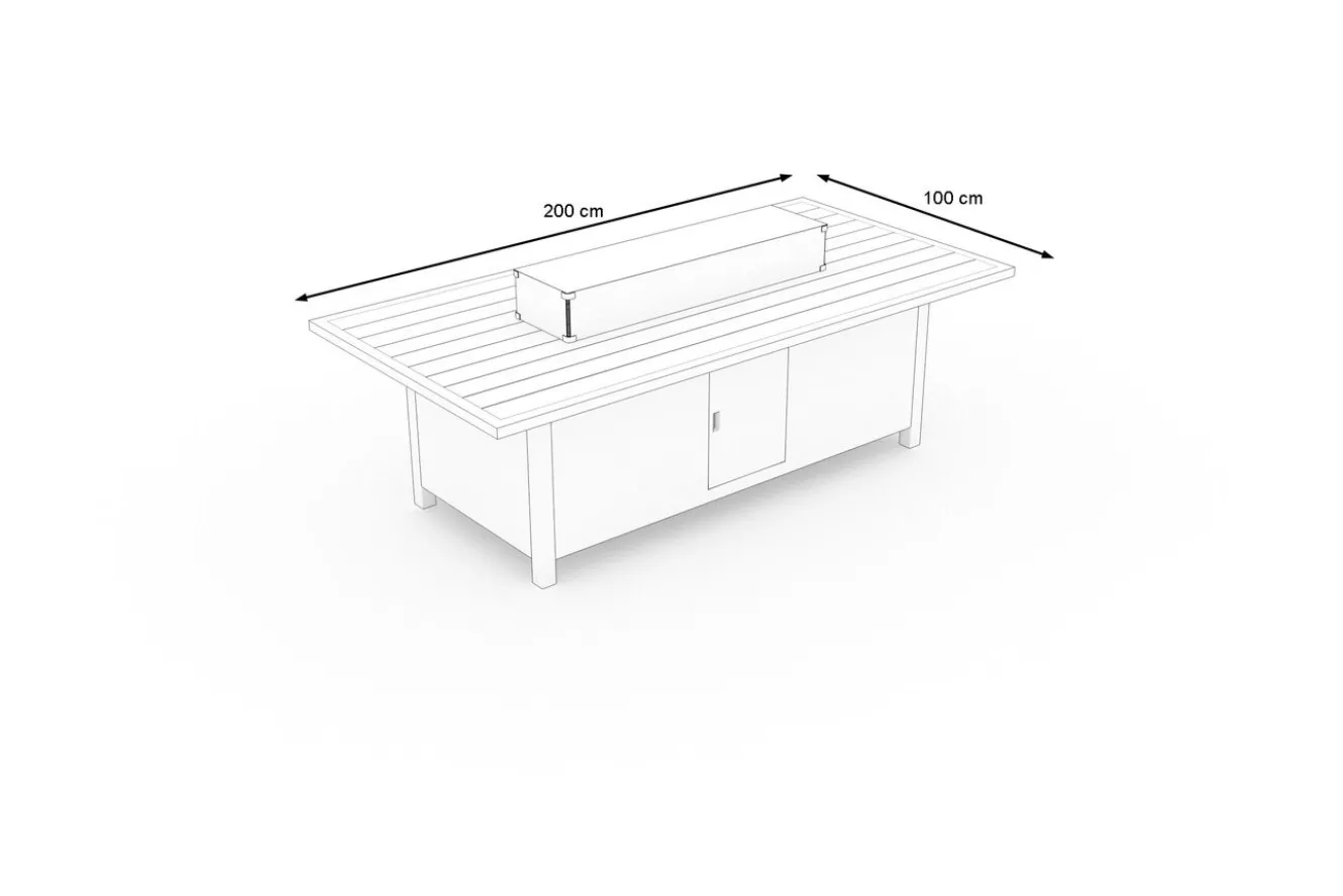 OUTFLEXX Feuertisch, beige meliert, Aluminium/Polyrattan/Glas, 200 x 100 cm, hitzebeständig, inklusive Schutzglas der Feuerstelle
