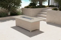OUTFLEXX Feuertisch, beige meliert, Aluminium/Polyrattan/Glas, 200 x 100 cm, hitzebeständig, inklusive Schutzglas der Feuerstelle