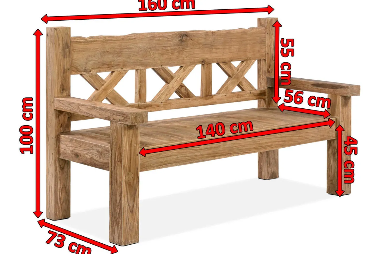 OUTFLEXX Gartenbank, natur, recyceltes Teak, 160x73cm, mit Rücken- und Armlehnen, rustikal gebürstet