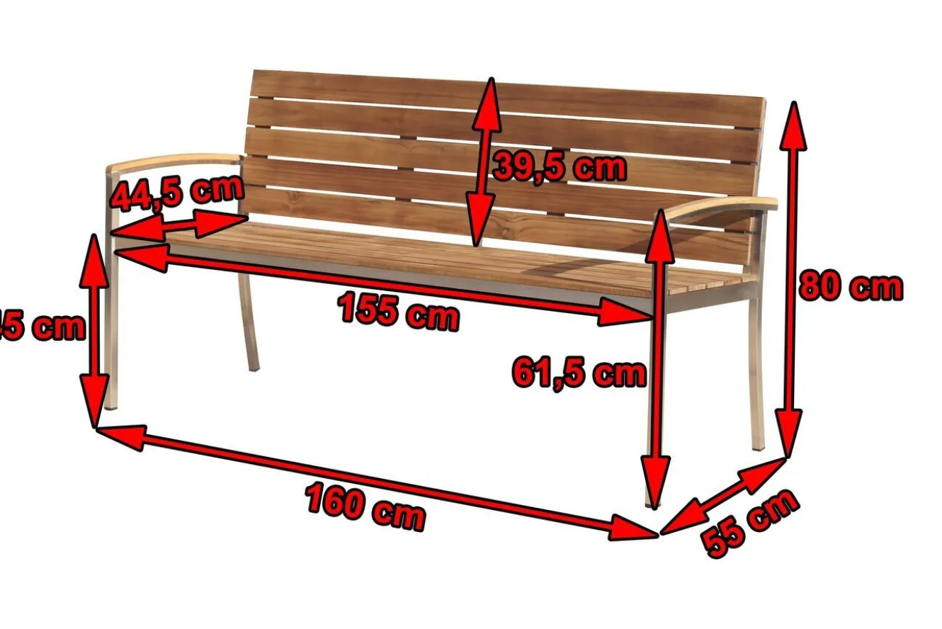 OUTFLEXX Gartenbank, Teakholz/Edelstahl, 3-Sitzer, 160x55x80cm, FSC®-zertifiziertes Produkt
