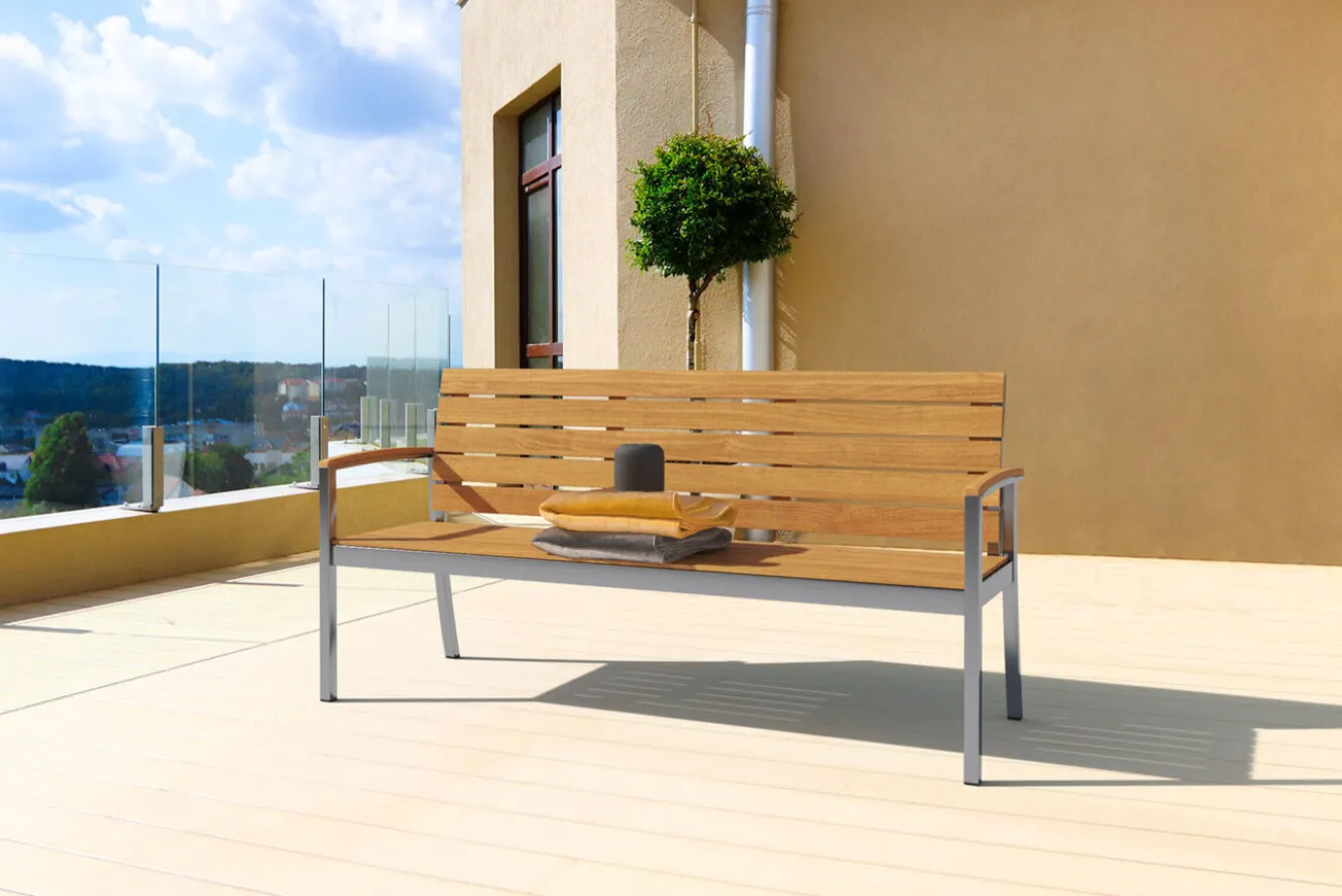 OUTFLEXX Gartenbank, Teakholz/Edelstahl, 3-Sitzer, 160x55x80cm, FSC®-zertifiziertes Produkt