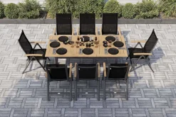OUTFLEXX Garten-Essgruppe, anthrazit matt, Alu / Teak / Textil, Tisch 150/210x90cm, 8 Klappstühle