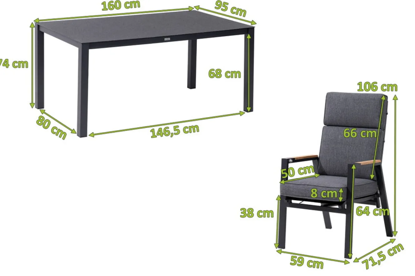 OUTFLEXX Garten-Essgruppe, anthrazit matt, Alu/Spraystone/Polyester, 160x95 cm, 4 Sessel, inkl. Polster