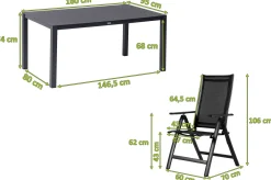 OUTFLEXX Garten-Essgruppe, anthrazit matt, Alu/Spraystone/Textilen, 160x95 cm, 6 Klappstühle, verstellbar