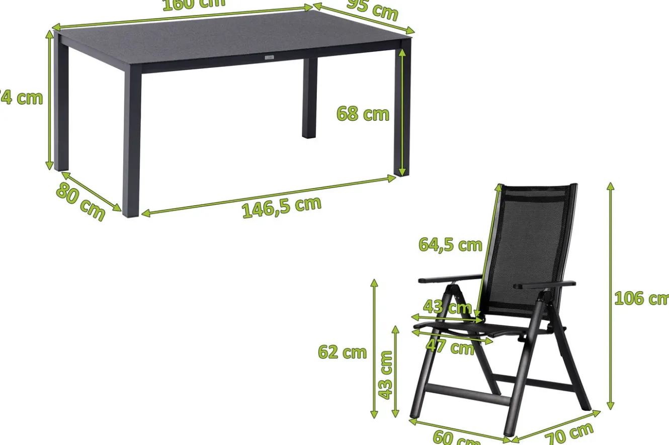 OUTFLEXX Garten-Essgruppe, anthrazit matt, Alu/Spraystone/Textilen, 160x95 cm, 6 Klappstühle, verstellbar