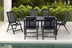 OUTFLEXX Garten-Essgruppe, anthrazit matt, Alu/Spraystone/Textilen, 160x95 cm, 6 Klappstühle, verstellbar