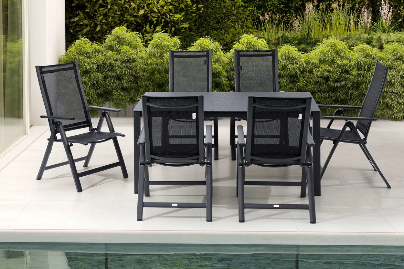 OUTFLEXX Garten-Essgruppe, anthrazit matt, Alu/Spraystone/Textilen, 160x95 cm, 6 Klappstühle, verstellbar