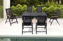 OUTFLEXX Garten-Essgruppe, anthrazit matt, Alu/Spraystone/Textilen, 160x95 cm, 6 Klappstühle, Teak Armlehnen