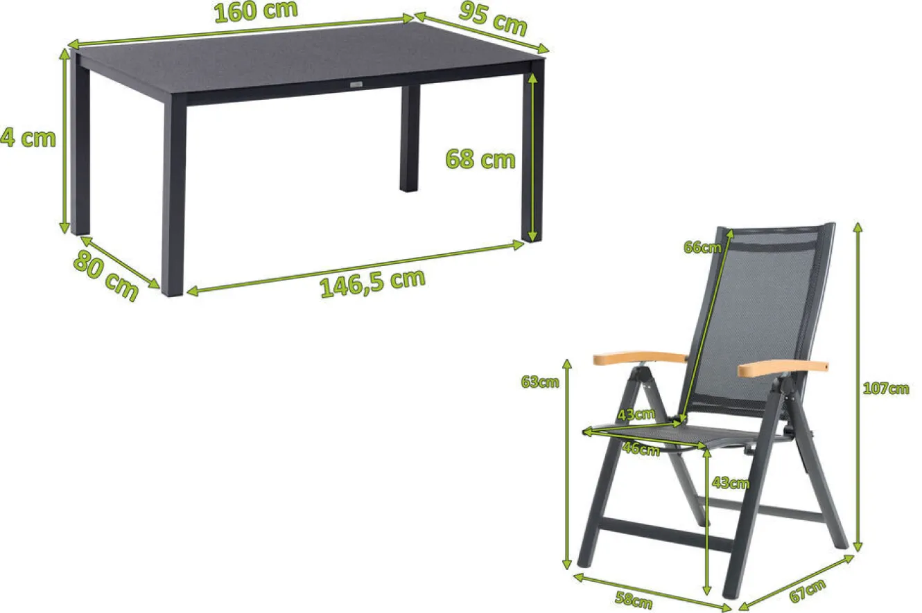 OUTFLEXX Garten-Essgruppe, anthrazit matt/grau/schwarz, Alu/Spraystone/Textilen, 160 x 95 cm, 6 Klappstühle