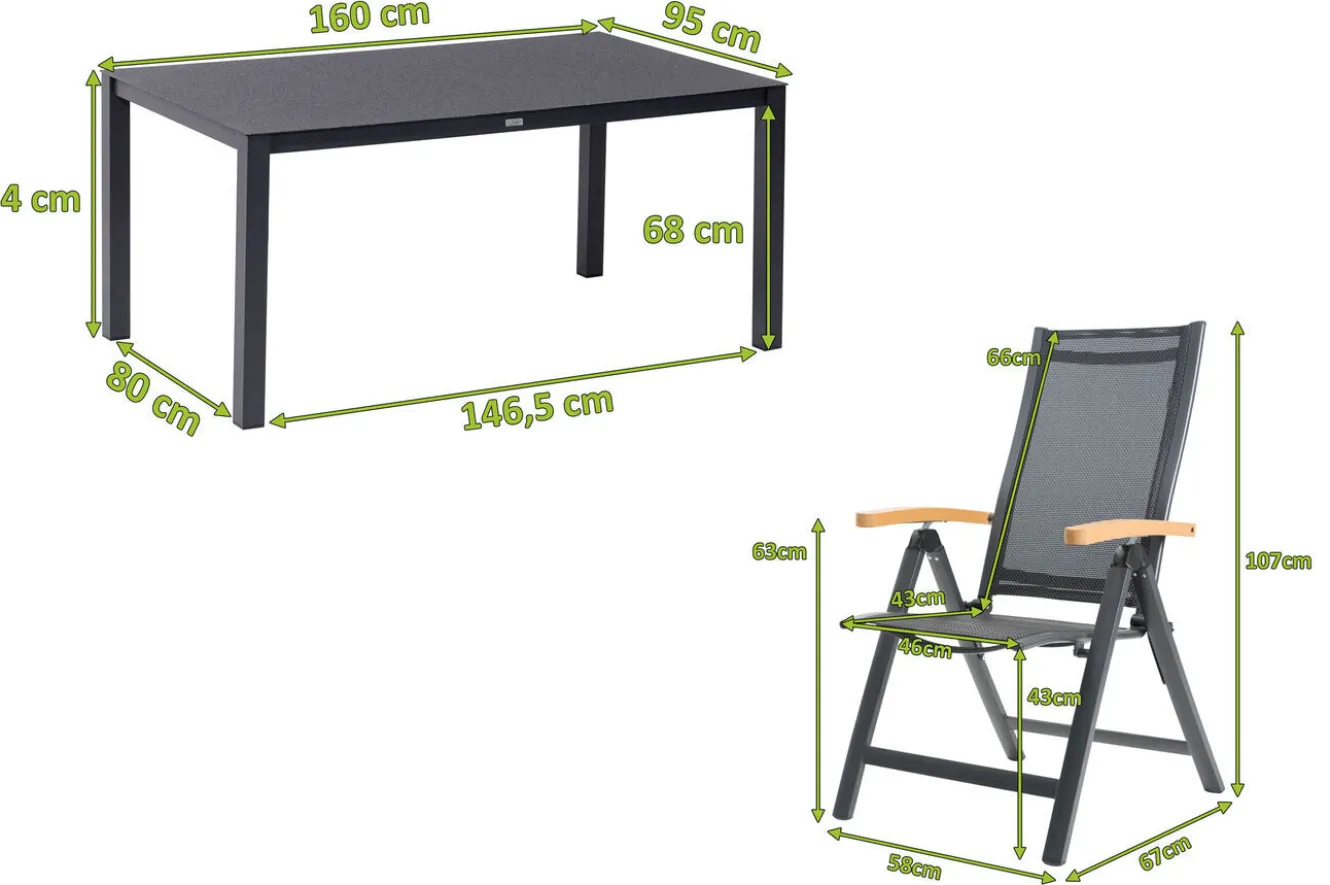 OUTFLEXX Garten-Essgruppe, anthrazit matt/grau/schwarz, Alu/Spraystone/Textilen, 160 x 95 cm, 6 Klappstühle