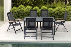 OUTFLEXX Garten-Essgruppe, anthrazit matt/grau/schwarz, Alu/Spraystone/Textilen, 160 x 95 cm, 6 Klappstühle