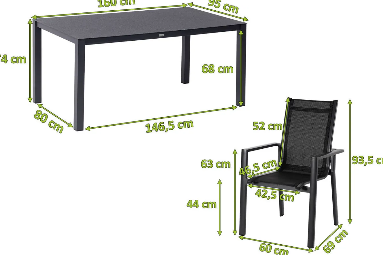 OUTFLEXX Garten-Essgruppe, anthrazit matt, Alu/Spraystone/Textilen, 160x95 cm, 6 Stapelsessel