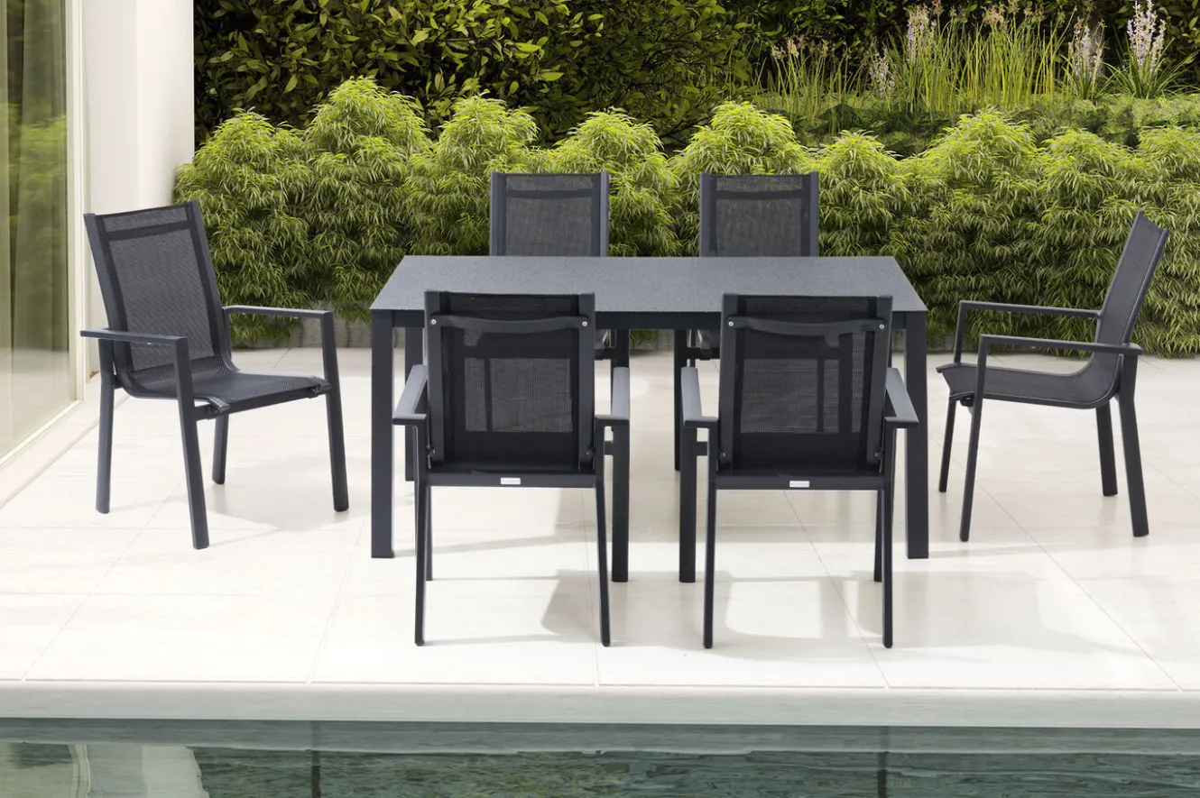 OUTFLEXX Garten-Essgruppe, anthrazit matt, Alu/Spraystone/Textilen, 160x95 cm, 6 Stapelsessel