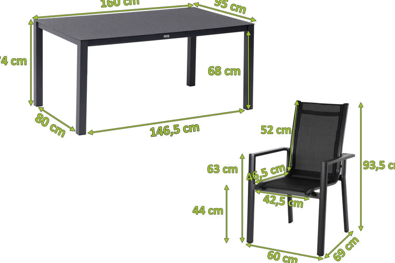 OUTFLEXX Garten-Essgruppe, anthrazit matt, Alu/Spraystone/Textilen, 160x95 cm, 6 Stapelsessel