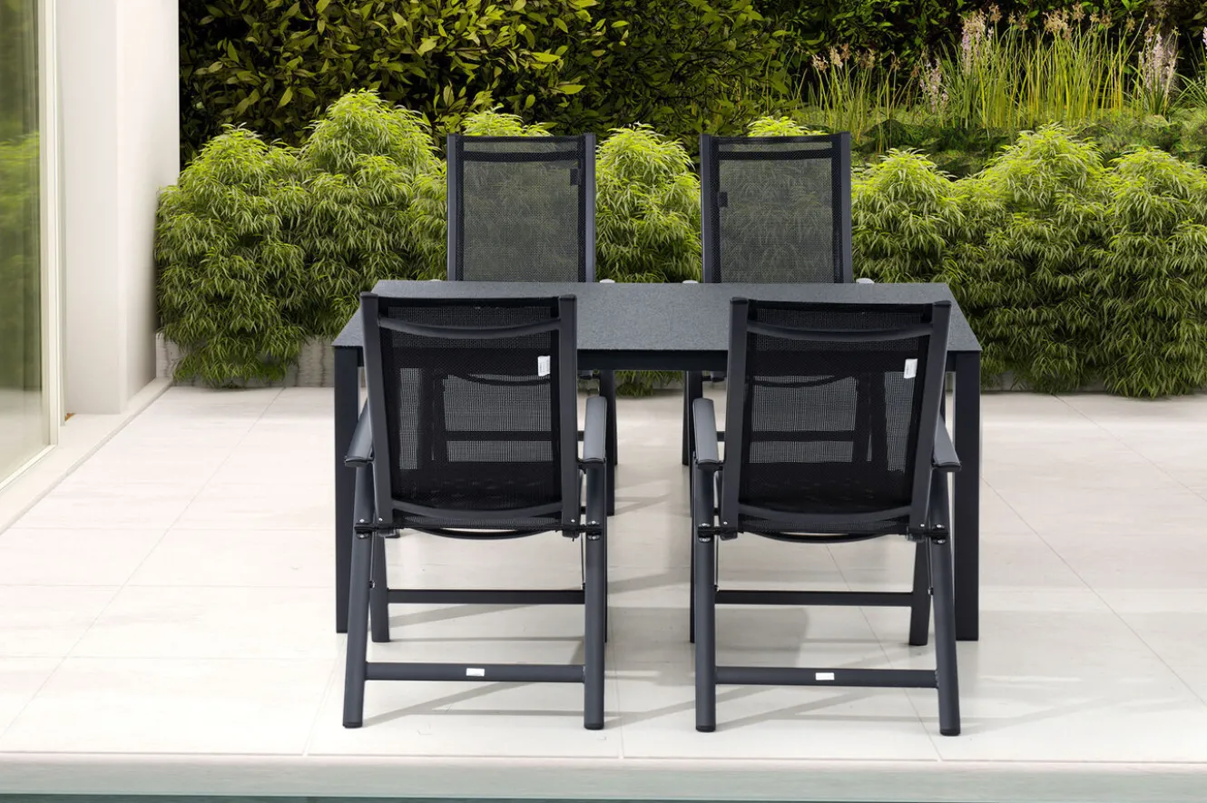 OUTFLEXX Garten-Essgruppe, anthrazit matt, Alu/Spraystone/Textilen, 160 x 95 cm, 4 Klappstühle
