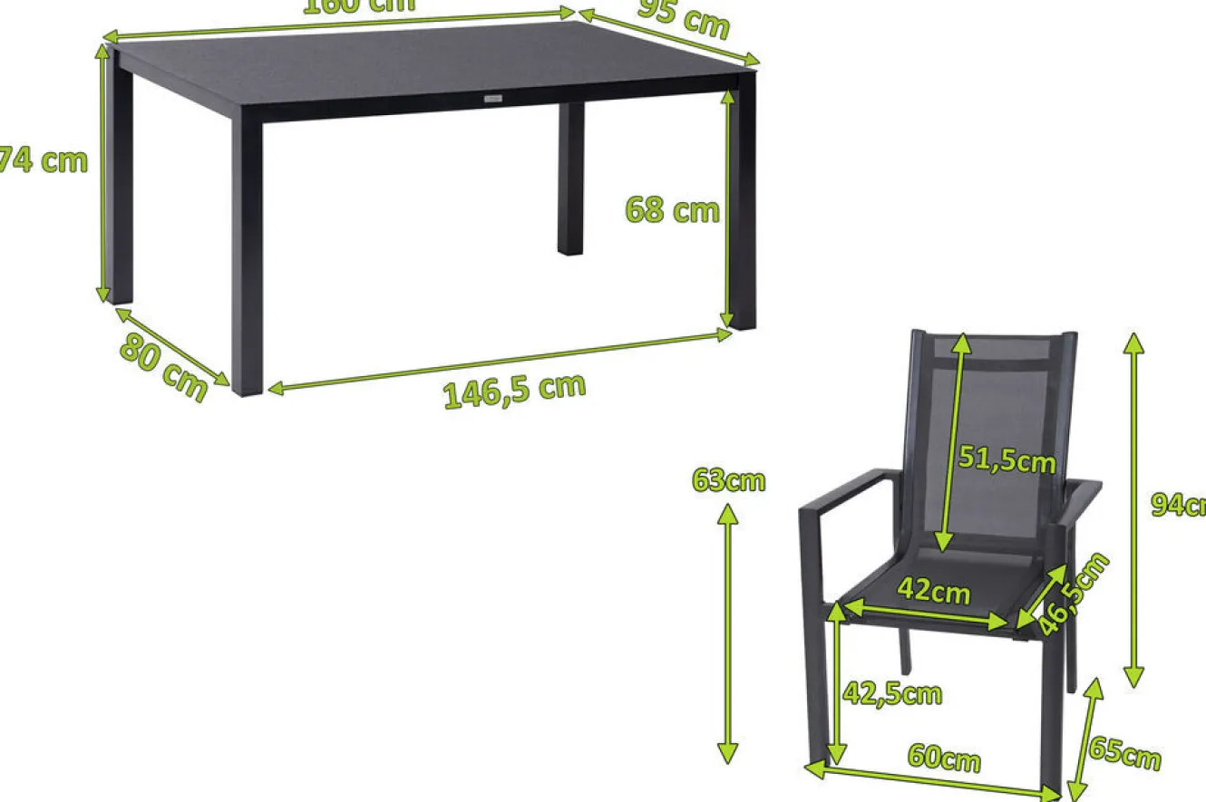 OUTFLEXX Garten-Essgruppe, anthrazit, Alu/Spraystone/Textilen, 160x95 cm, 6 Stapelsessel
