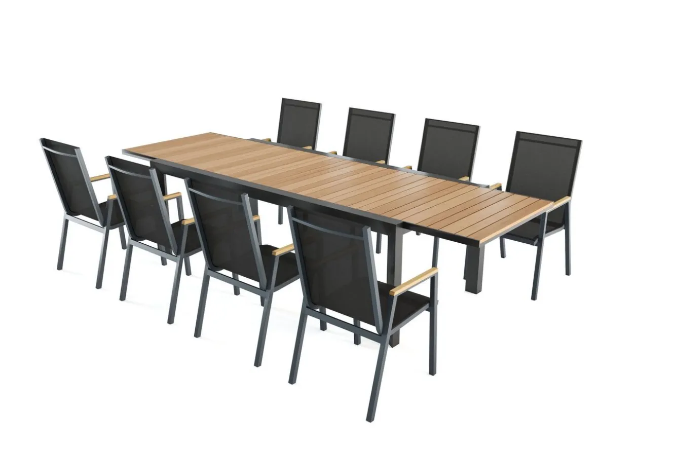 OUTFLEXX Garten-Essgruppe, Anthrazit Matt/Teak, Aluminium/Teakholz/Textilene, Ausziehtisch 200/320 x 100 cm, 8 Stapelsessel