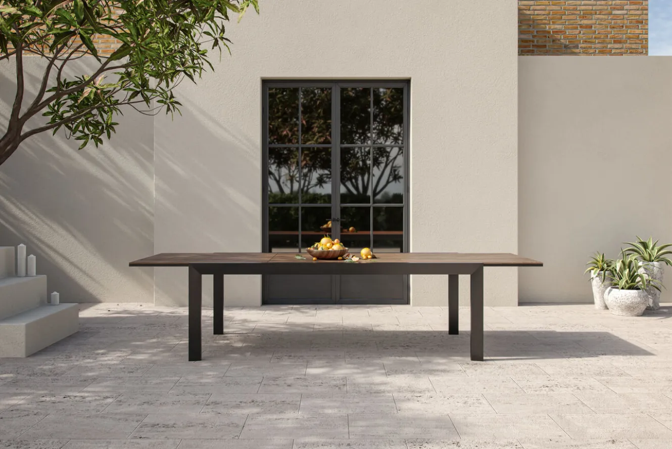 OUTFLEXX Garten-Essgruppe, Anthrazit Matt/Teak, Aluminium/Teakholz/Textilene, Ausziehtisch 200/320 x 100 cm, 8 Stapelsessel