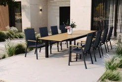 OUTFLEXX Garten-Essgruppe, Anthrazit Matt/Teak, Aluminium/Teakholz/Textilene, Ausziehtisch 200/320 x 100 cm, 8 Stapelsessel