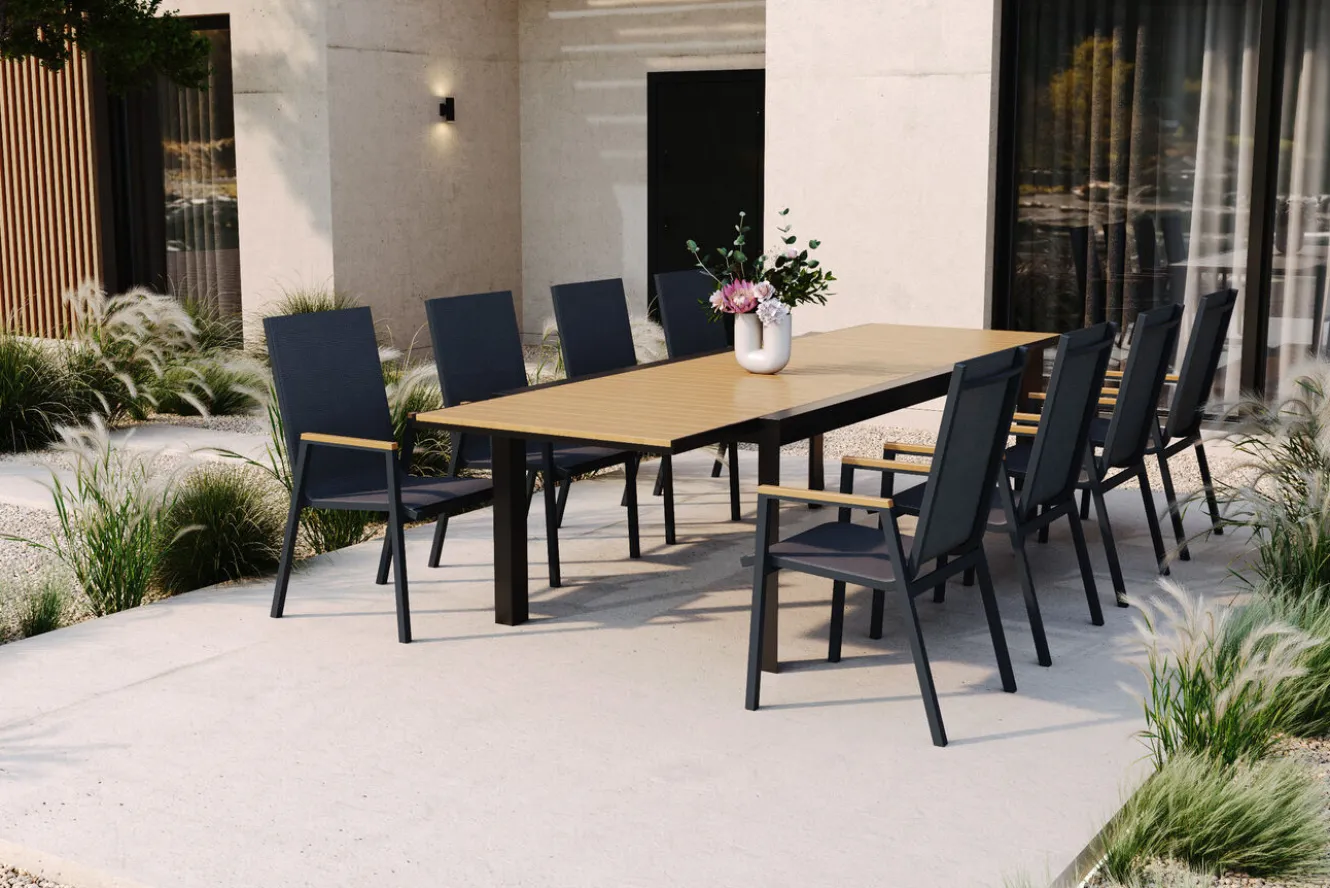 OUTFLEXX Garten-Essgruppe, Anthrazit Matt/Teak, Aluminium/Teakholz/Textilene, Ausziehtisch 200/320 x 100 cm, 8 Stapelsessel