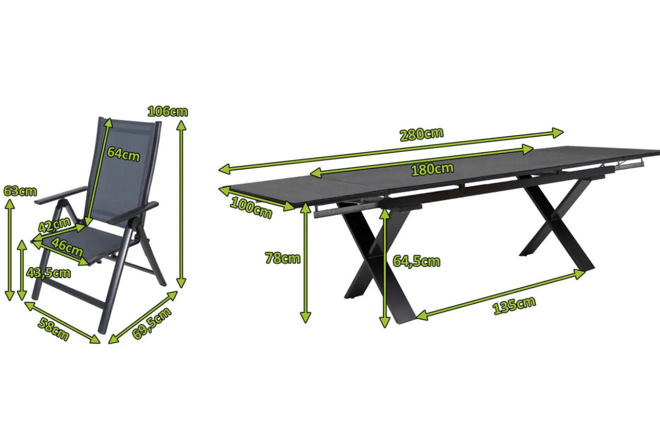 OUTFLEXX Garten-Essgruppe, anthrazit, Alu / Keramik / Textil, 180/280x100cm, 10 Klappstühle