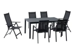 OUTFLEXX Garten-Essgruppe, anthrazit matt, Alu/Spraystone/Textilen, 160 x 95 cm, 4 Stapelsessel, 2 Klappstühle
