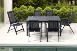OUTFLEXX Garten-Essgruppe, anthrazit matt, Alu/Spraystone/Textilen, 160 x 95 cm, 4 Stapelsessel, 2 Klappstühle