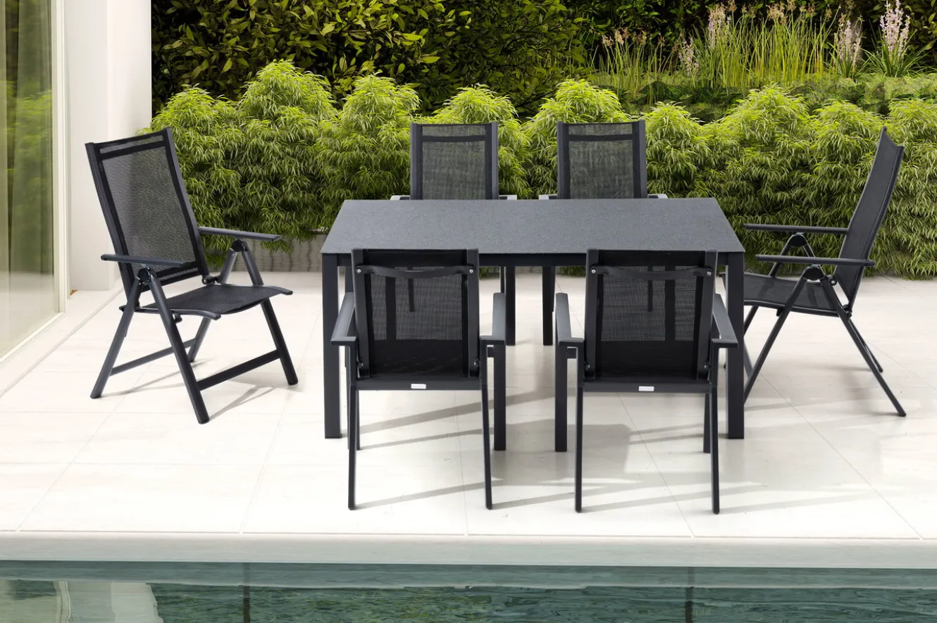 OUTFLEXX Garten-Essgruppe, anthrazit matt, Alu/Spraystone/Textilen, 160 x 95 cm, 4 Stapelsessel, 2 Klappstühle