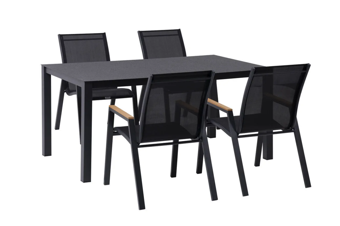 OUTFLEXX Garten-Essgruppe, anthrazit matt/schwarz, Alu/Spraystone/Textilen, 160x95 cm, 4 Stapelstühle