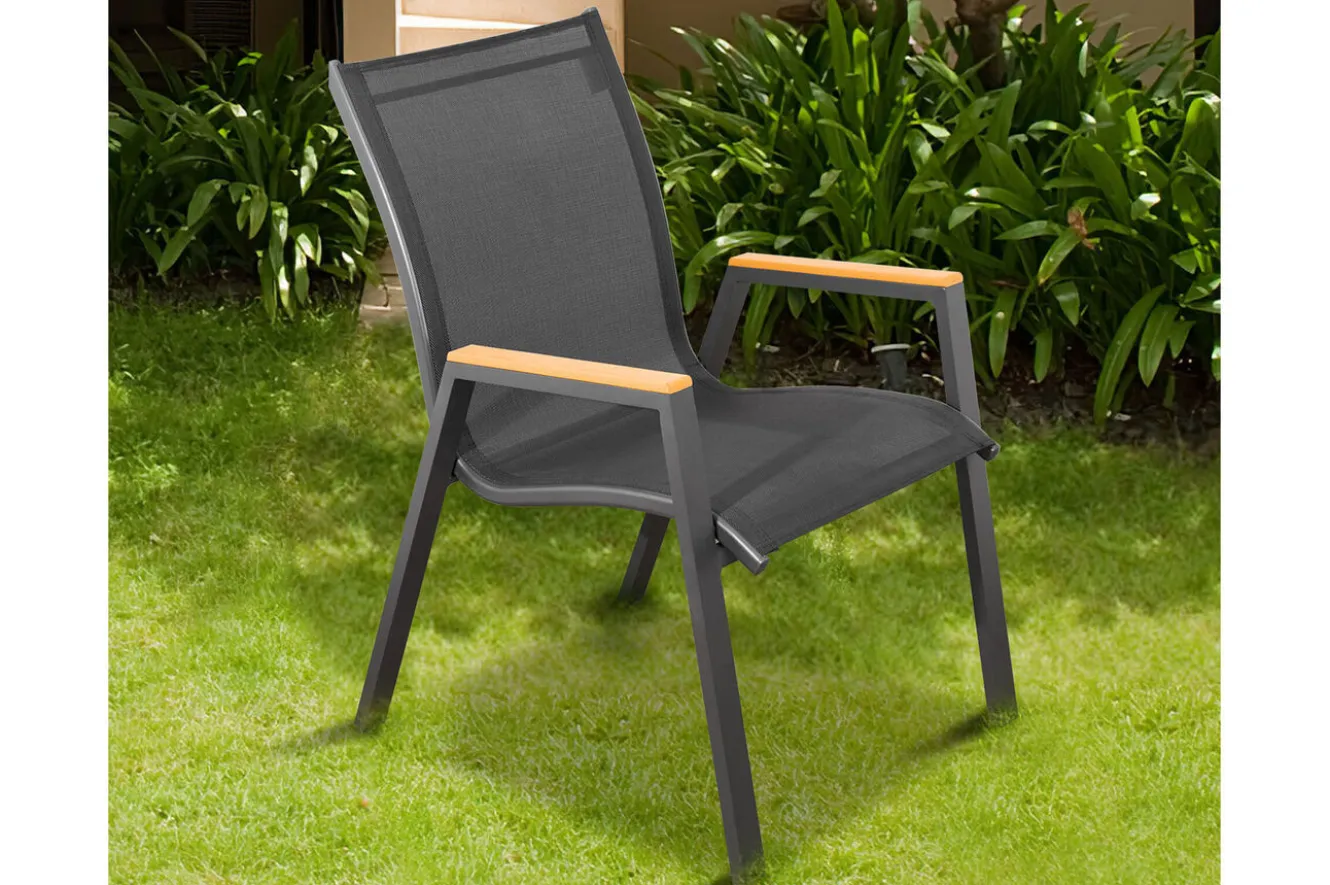 OUTFLEXX Garten-Essgruppe, anthrazit matt/schwarz, Alu/Spraystone/Textilen, 160x95 cm, 4 Stapelstühle