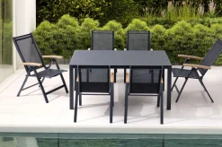 OUTFLEXX Garten-Essgruppe, anthrazit matt/grau/schwarz, Alu/Spraystone/Textilen, 160 x 95 cm, 4 Stapelstühle, 2 Klappstühle