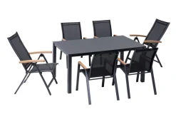 OUTFLEXX Garten-Essgruppe, anthrazit matt/grau/schwarz, Alu/Spraystone/Textilen, 160 x 95 cm, 4 Stapelstühle, 2 Klappstühle