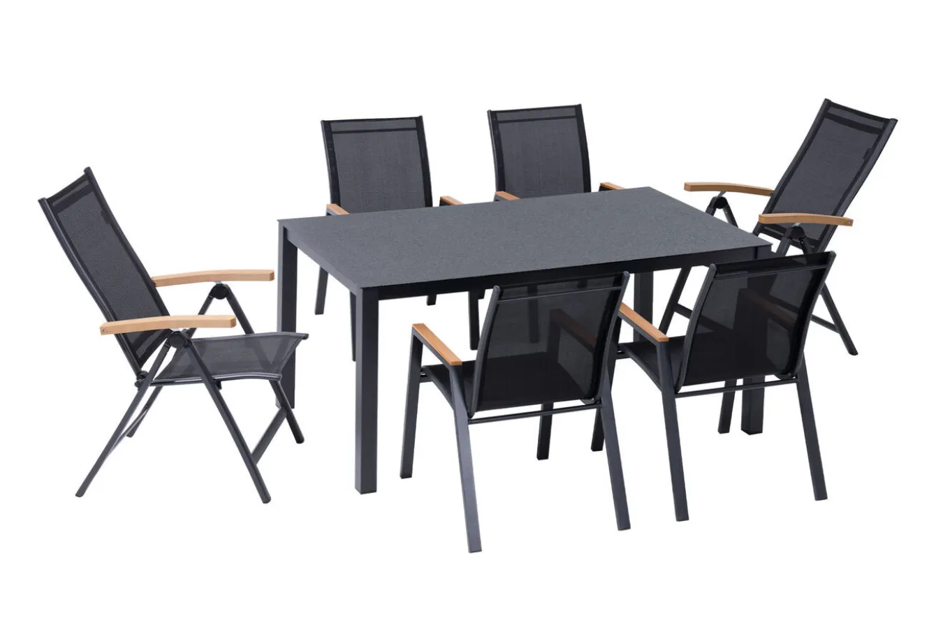 OUTFLEXX Garten-Essgruppe, anthrazit matt/grau/schwarz, Alu/Spraystone/Textilen, 160 x 95 cm, 4 Stapelstühle, 2 Klappstühle