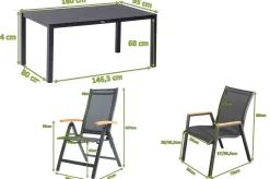 OUTFLEXX Garten-Essgruppe, anthrazit matt/grau/schwarz, Alu/Spraystone/Textilen, 160 x 95 cm, 4 Stapelstühle, 2 Klappstühle