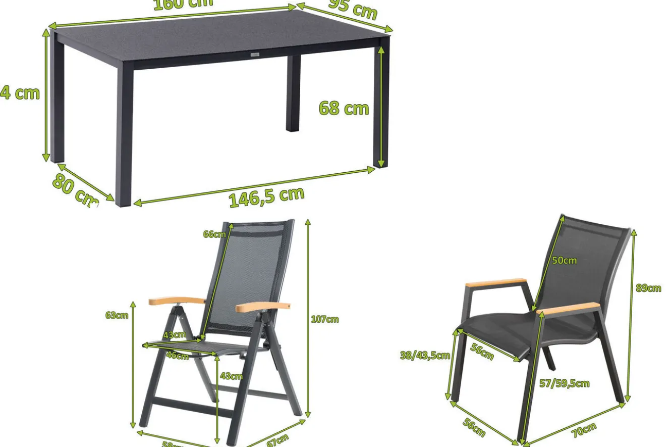 OUTFLEXX Garten-Essgruppe, anthrazit matt/grau/schwarz, Alu/Spraystone/Textilen, 160 x 95 cm, 4 Stapelstühle, 2 Klappstühle