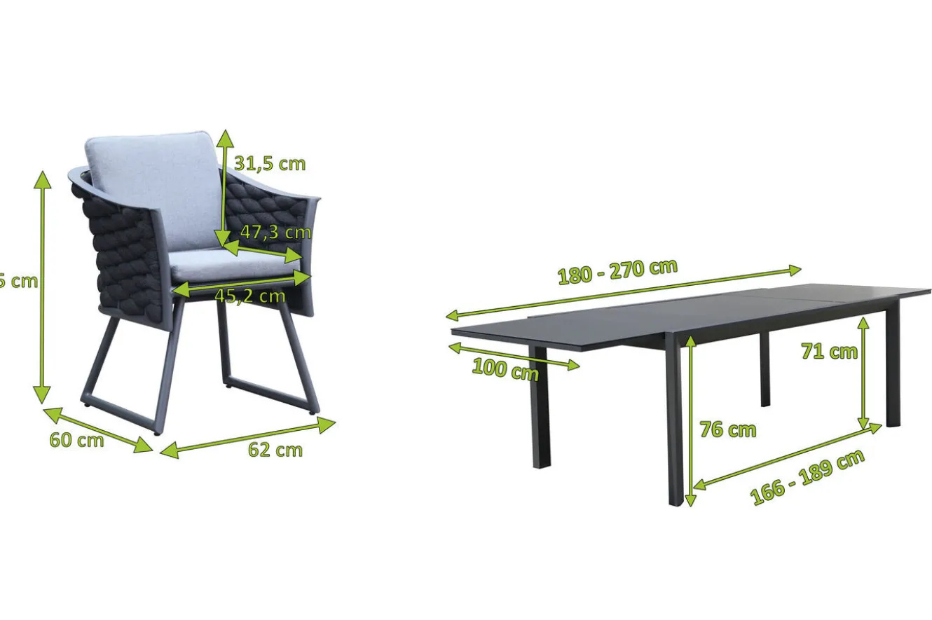 OUTFLEXX Garten-Essgruppe, anthrazit, Aluminium, Tisch 180/270x100 cm, 6 Sessel
