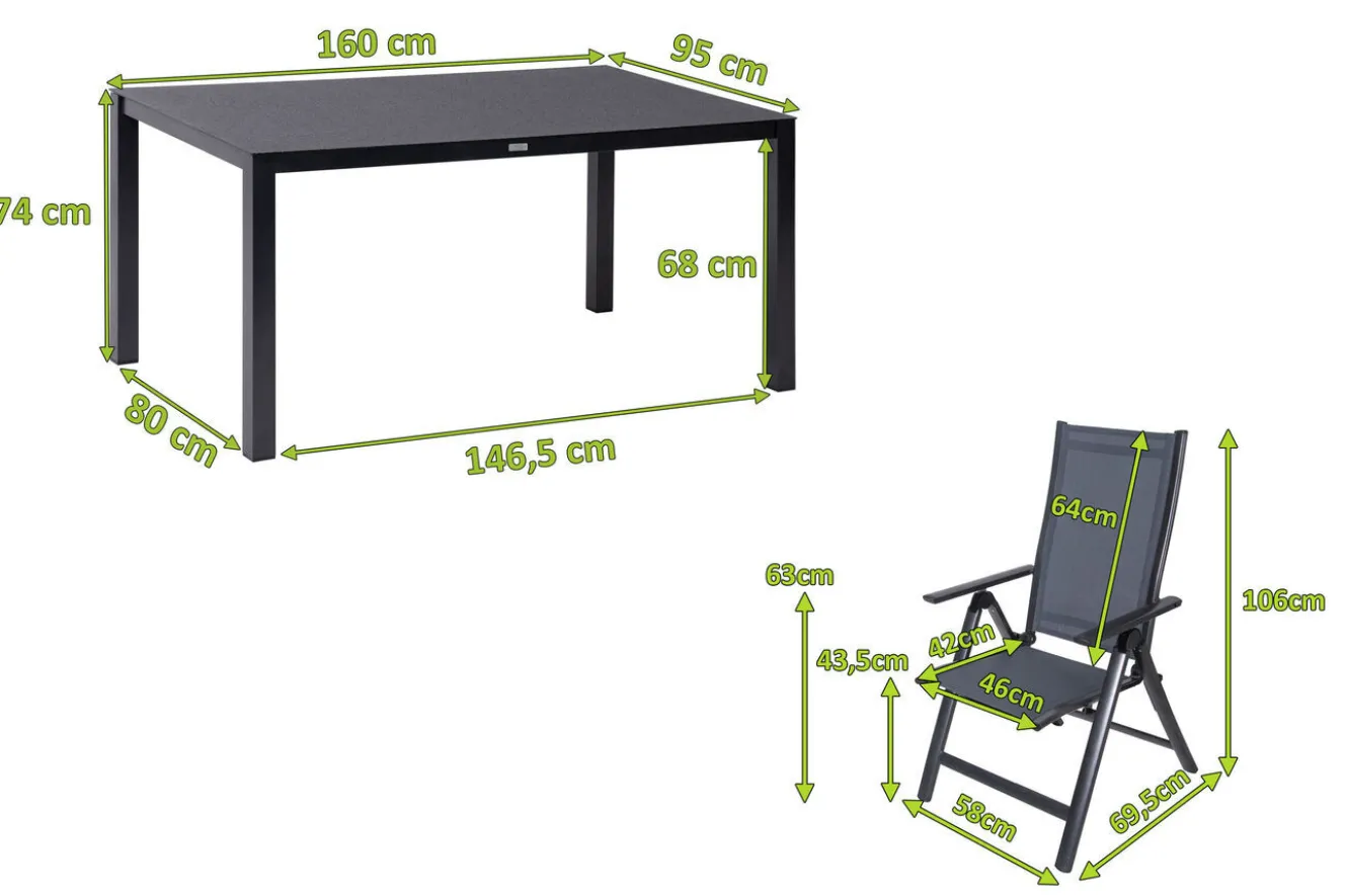 OUTFLEXX Garten-Essgruppe, anthrazit, Alu/Spraystone/Textilen, 160x95 cm, 4 Klappstühle