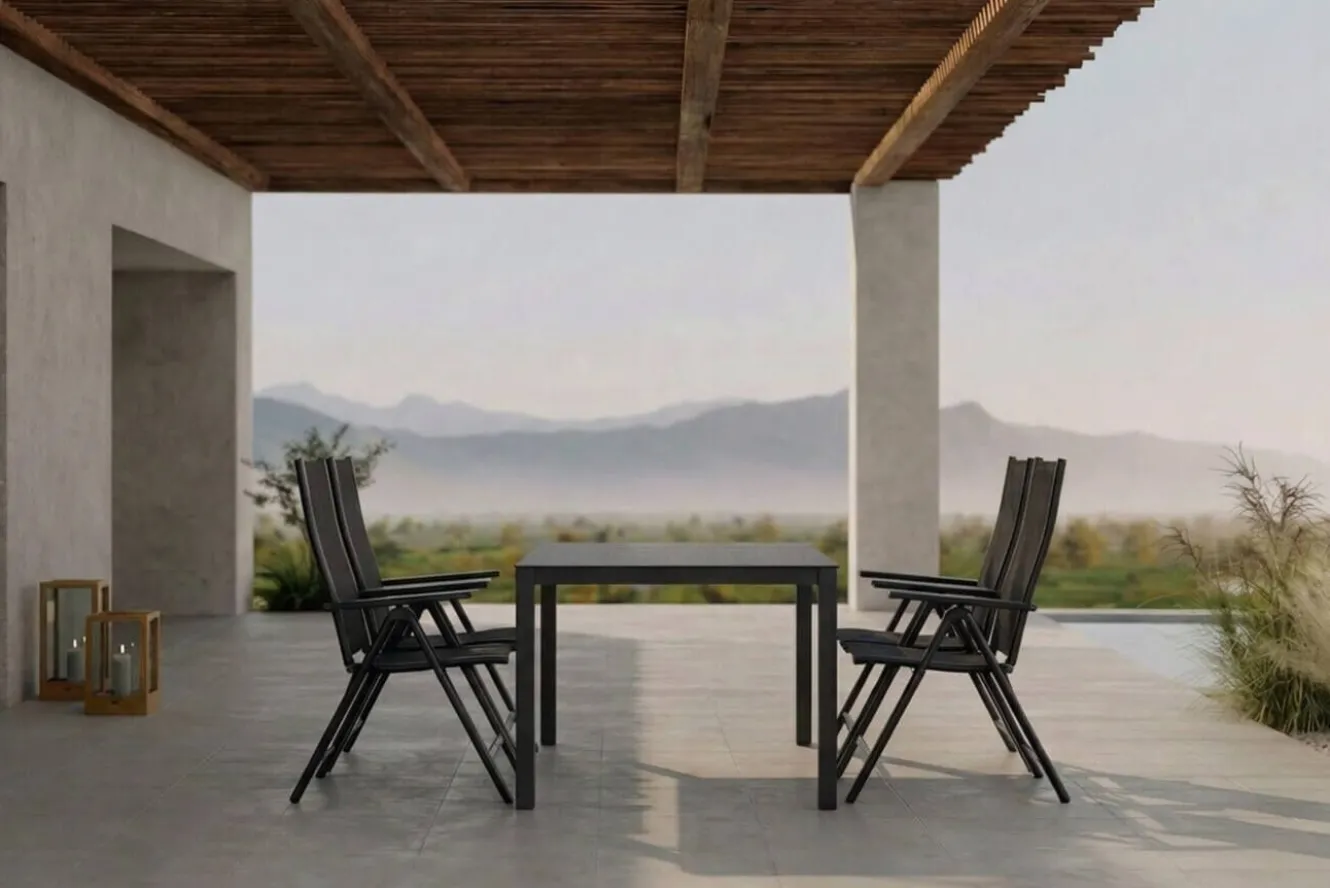 OUTFLEXX Garten-Essgruppe, anthrazit, Alu/Spraystone/Textilen, 160x95 cm, 4 Klappstühle