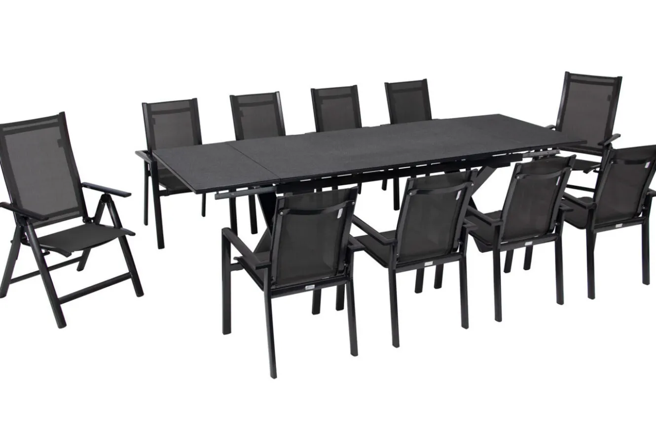 OUTFLEXX Garten-Essgruppe, anthrazit, Alu / Keramik / Textil, 180/280x100cm, 2 Klappstühle, 8 Stapelsessel