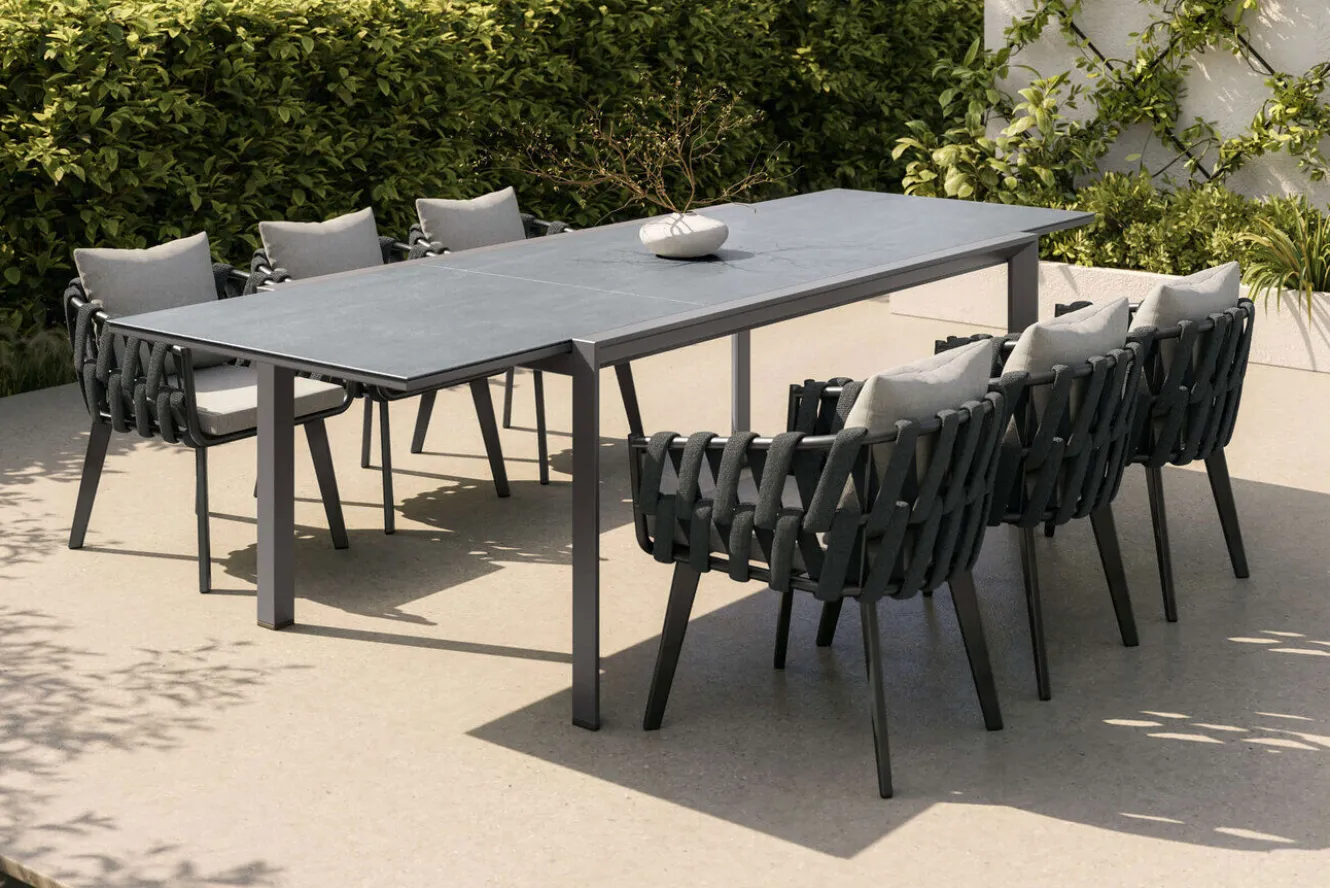 OUTFLEXX Garten-Essgruppe, anthrazit, Aluminium/Glaskeramik, Ausziehtisch, 6 Sessel