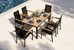 OUTFLEXX Garten-Essgruppe, anthrazit matt, Alu/Teak/Textilene, Tisch 150/210 x 90 cm, 6 Stapelsessel