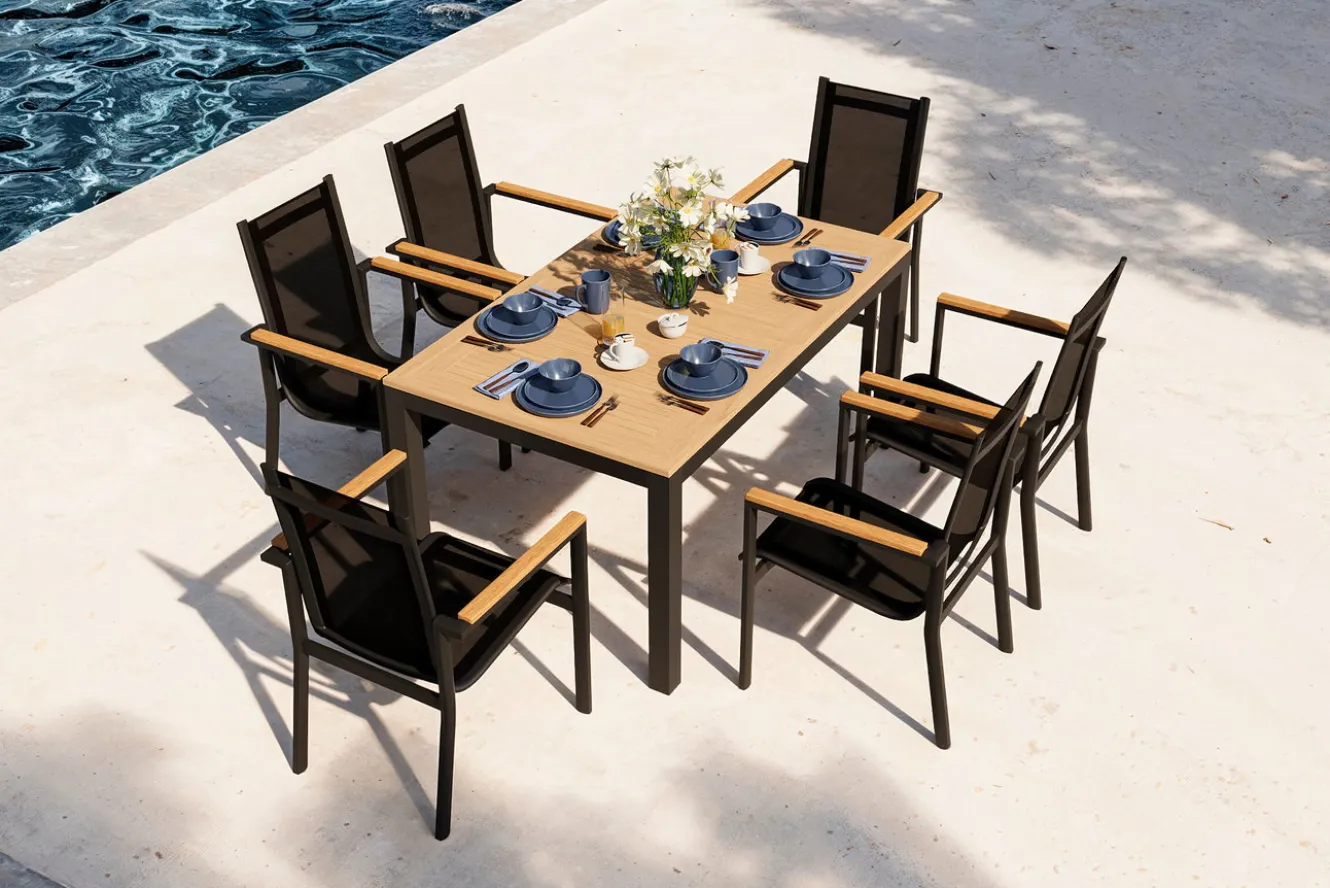 OUTFLEXX Garten-Essgruppe, anthrazit matt, Alu/Teak/Textilene, Tisch 150/210 x 90 cm, 6 Stapelsessel