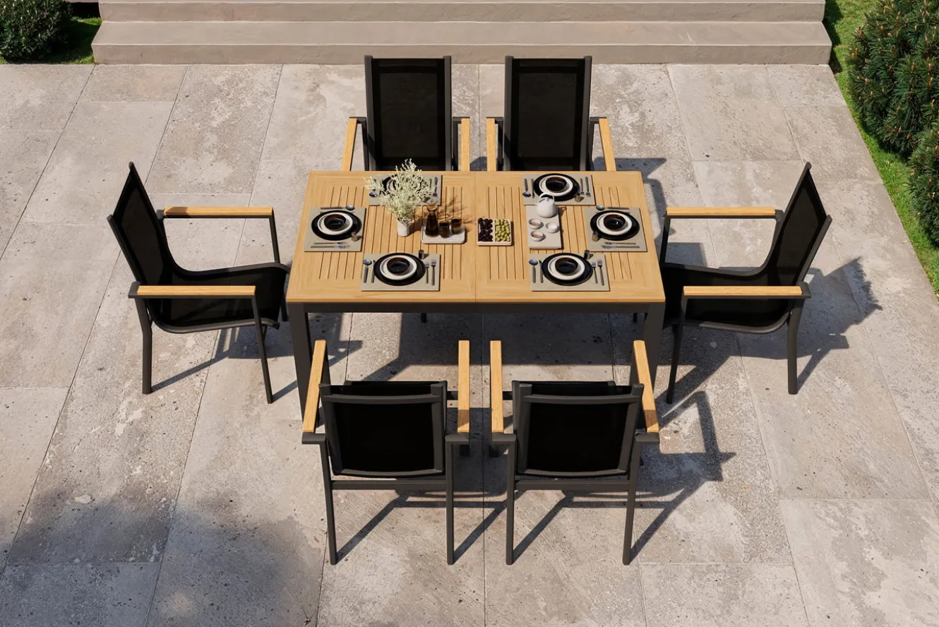 OUTFLEXX Garten-Essgruppe, anthrazit matt, Alu/Teak/Textilene, Tisch 150/210 x 90 cm, 6 Stapelsessel