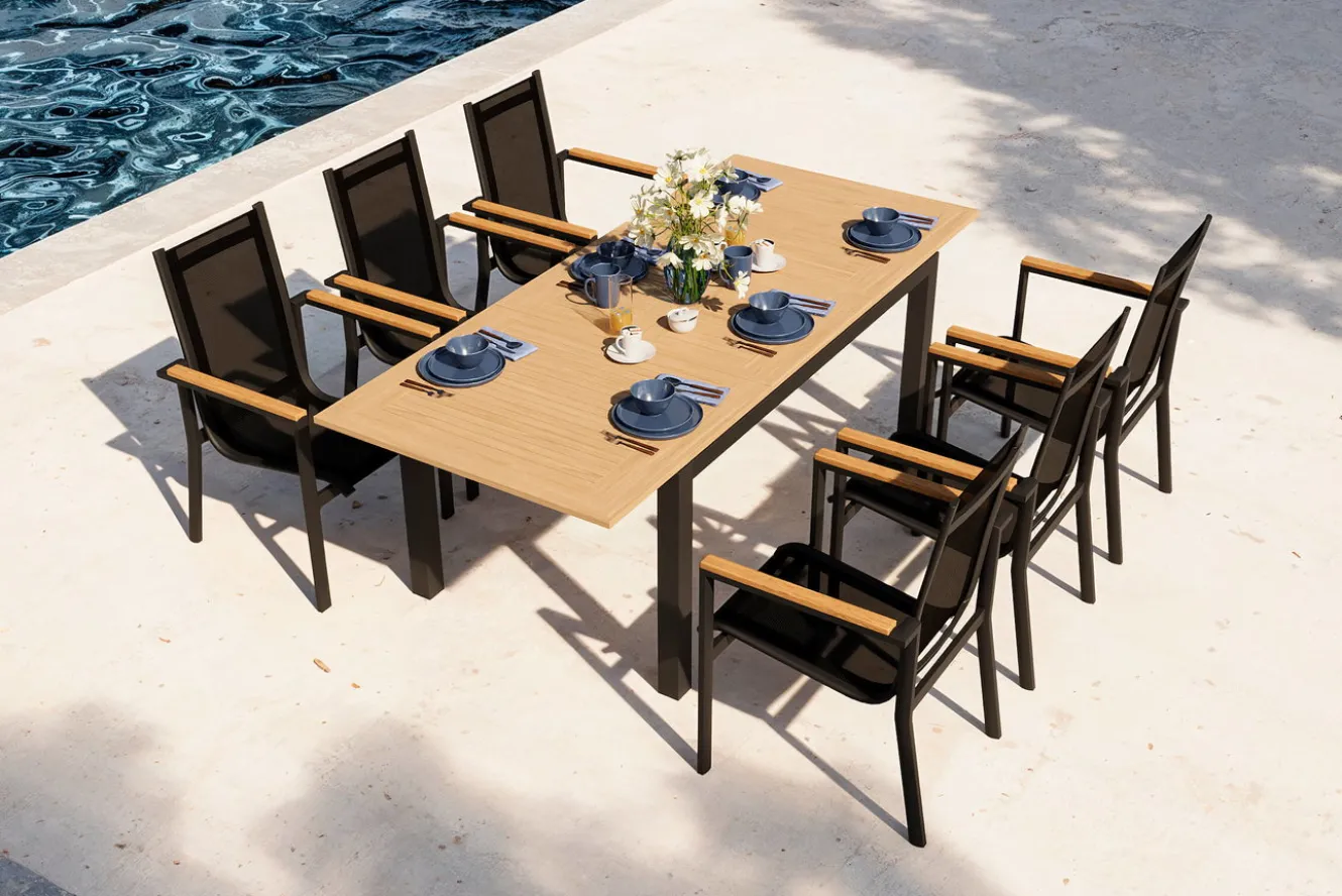 OUTFLEXX Garten-Essgruppe, anthrazit matt, Alu/Teak/Textilene, Tisch 150/210 x 90 cm, 6 Stapelsessel